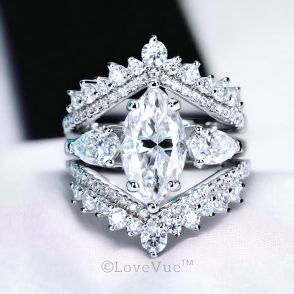 Certified 4ct. t.w. Diamond Moissanite Marquise Pear Cut Wedding Ring VVS1 - Picture 9 of 16
